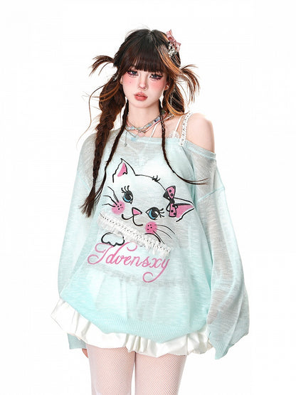 Sonnenschutz-Top mit asymmetrischem Ausschnitt und Kitty-Print, Weiß/Blau, halbtransparent