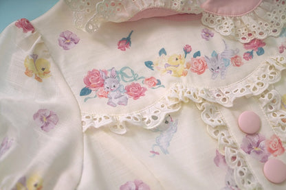 Lolita-Kätzchenkleid mit gewellter Öse und Ärmeln, Aufdruck, cremige süße Verzierungen