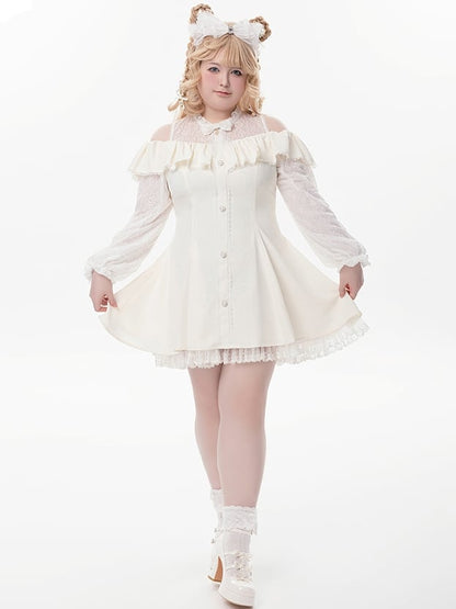 Beiges Jirai Kei-Kleid mit Illusionsausschnitt, ausgeschnittenen Schultern und Fliege