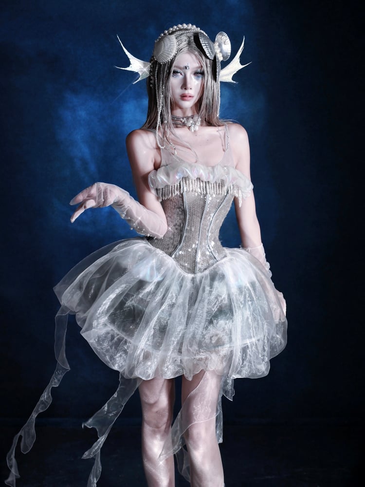 Pailletten Vogelkäfig + Quallen Kleid Overlay Korsett Stäbchen Saum Design Glänzend