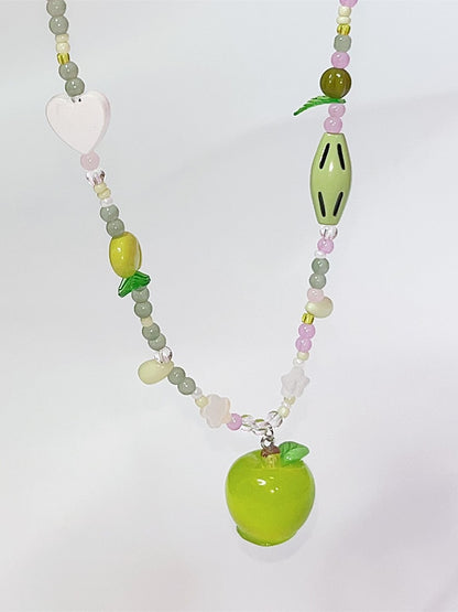 Y2K Pendant Necklace Apple Beaded Green