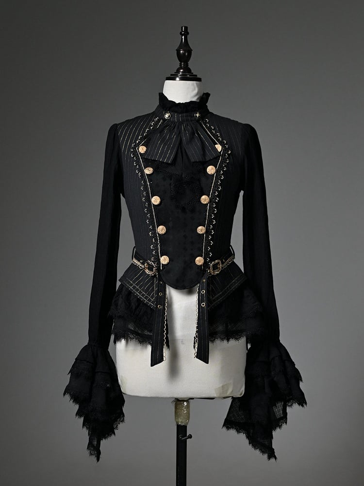 Schwarzer Rüschenausschnitt, lange Manschetten, Ärmel, Jabot Cadcading