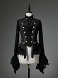Schwarzer Rüschenausschnitt, lange Manschetten, Ärmel, Jabot Cadcading