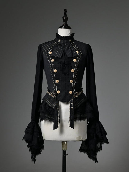 ブラックのフリルネックライン、ロングカフススリーブ、ジャボカド