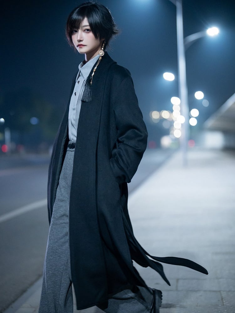 with Slit Black Open Belt Ouji Coat Side Placket Design Hem Unisex Set
