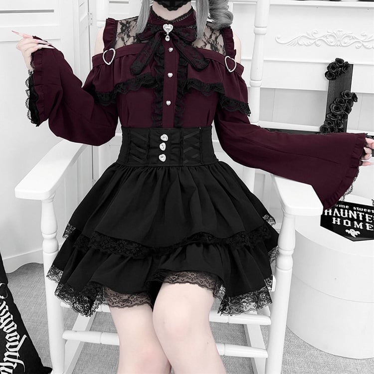 Sleeves Shoulders with Jirai Top Bell Set: Red Wine Open Kei Three-Piece