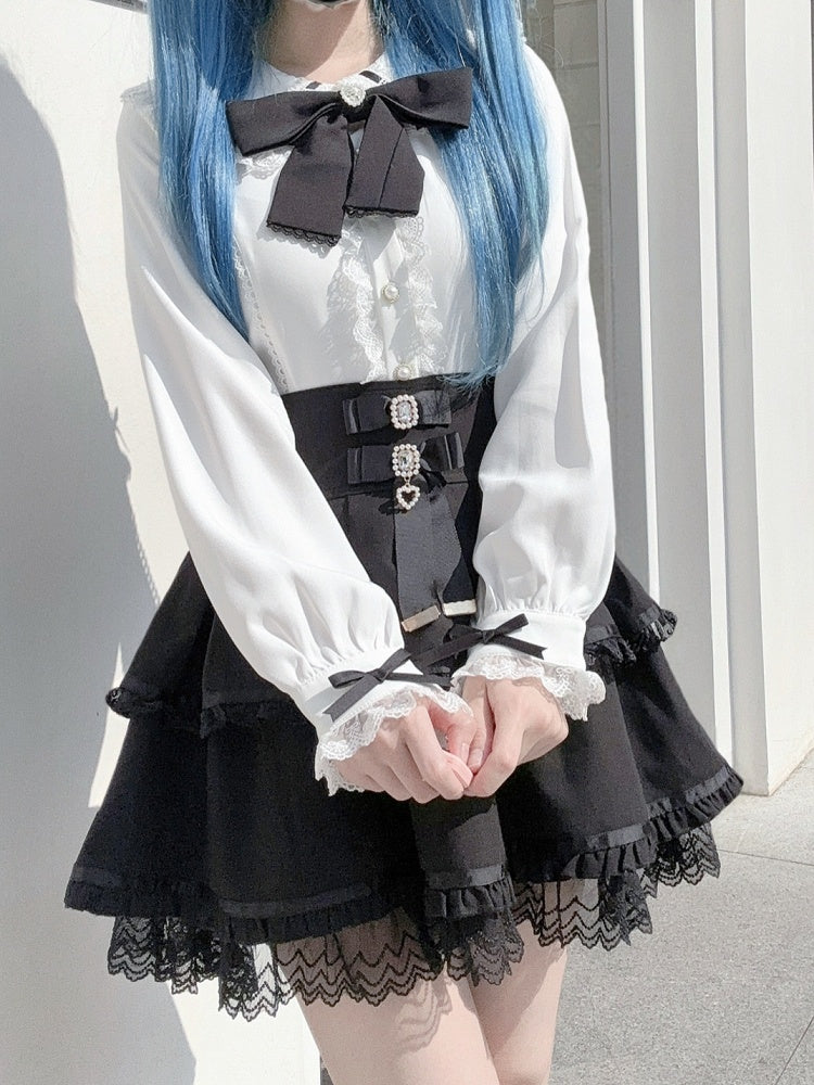 Bunny-Ear Collar Blouse White Back with Black Lace | Jirai Bow Contrast Trimmed Kei