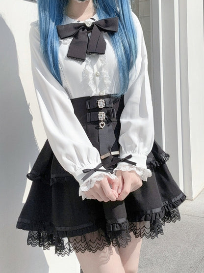 Bunny-Ear Collar Blouse White Back with Black Lace | Jirai Bow Contrast Trimmed Kei