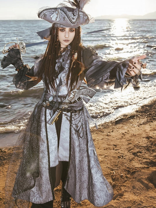 Gray Embroidery Coat Ouji Belts Two Sleeveless with Rosette Lolita