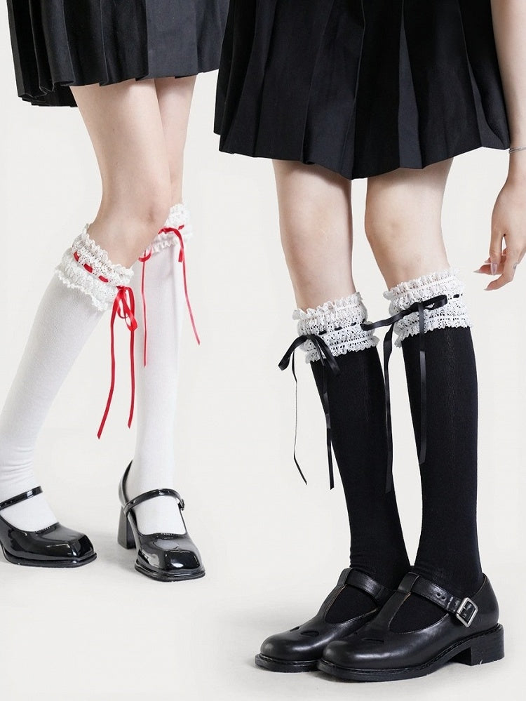 Four-Option Bow Calf Socks with Lace Trim - ModaSwings
