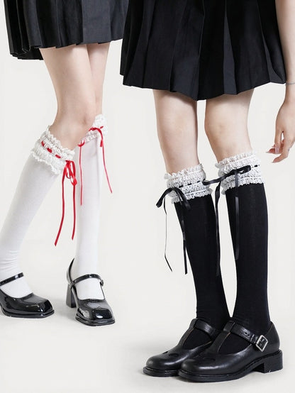 Four-Option Bow Calf Socks with Lace Trim - ModaSwings