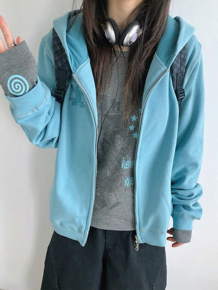 Retro Fall Blue Hooded Zip Jacket with Gecko Motif and Striped Accents - innomoood
