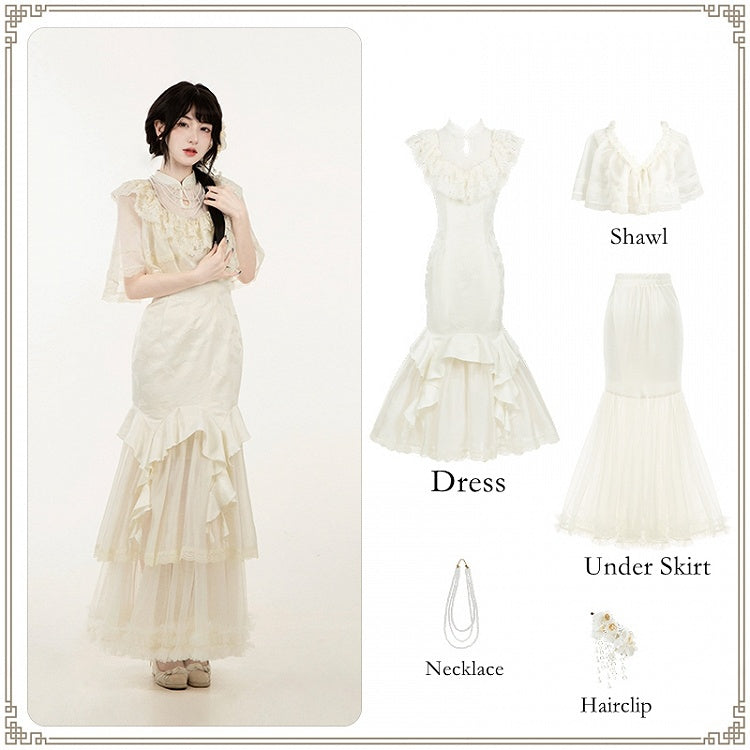 Set Lolita Qi Jacquard Illusion Full Collar Mermaid Qipao Neckline Dress Butterfly