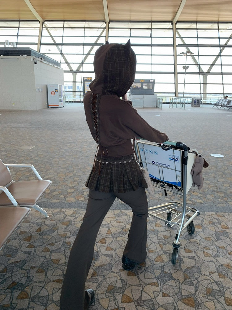 Pants Attached Pleat Box Tail Brown Charm Plaid with Skirt Flared