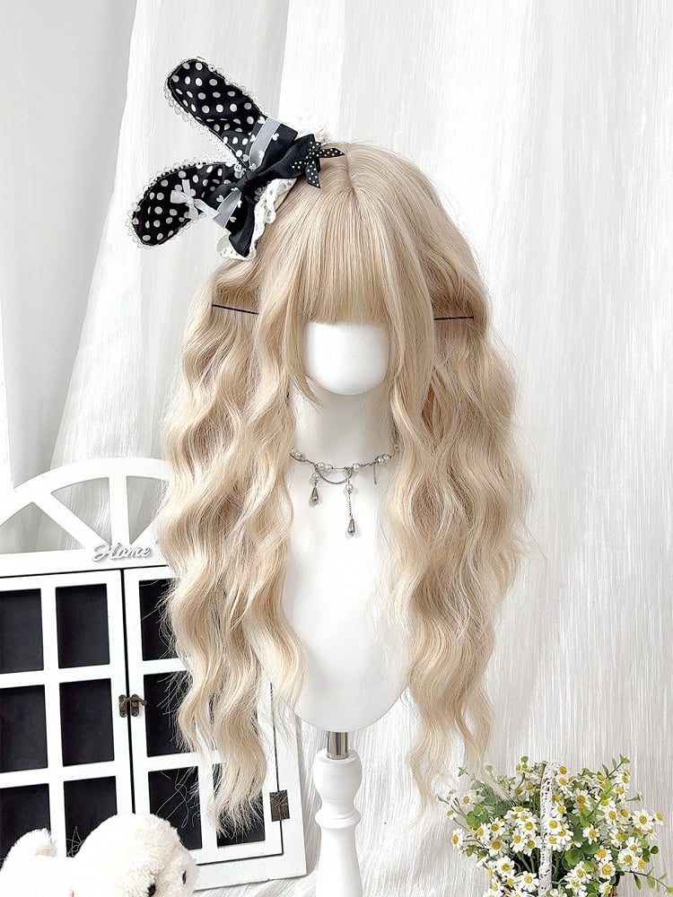 Golden Blonde 70cm Long Curly Wavy Wig with Blunt Bangs - Sleepy Fish