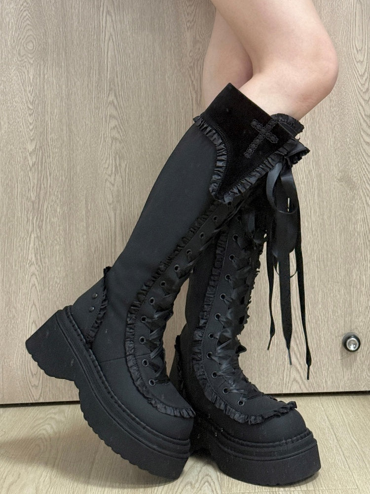 with Knee-high Ruffle Cross Gothic Regular Version Platform Boots Black Details in