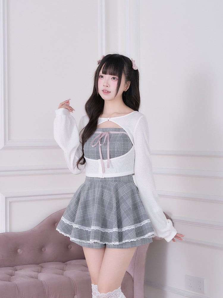 White Ryousangata Knit Cardigan - Dress + Fashion Matching Shorts Gray Plaid Set Three-Piece