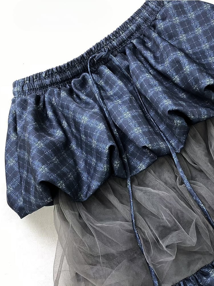Blue Plaid Pattern Patchwork Tiered Bubble Skirt
