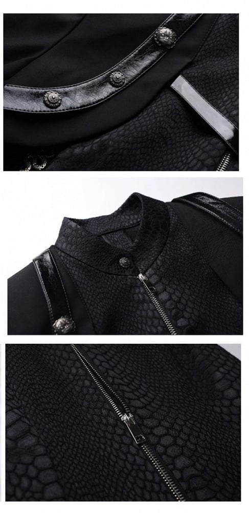 Black Unisex Gothic Snakeskin-Grain Long Coat with False Two-Piece Design & Dual Zips - Wu Xiang Gui Shi