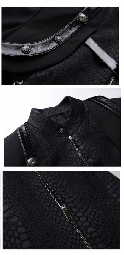 Black Unisex Gothic Snakeskin-Grain Long Coat with False Two-Piece Design & Dual Zips - Wu Xiang Gui Shi
