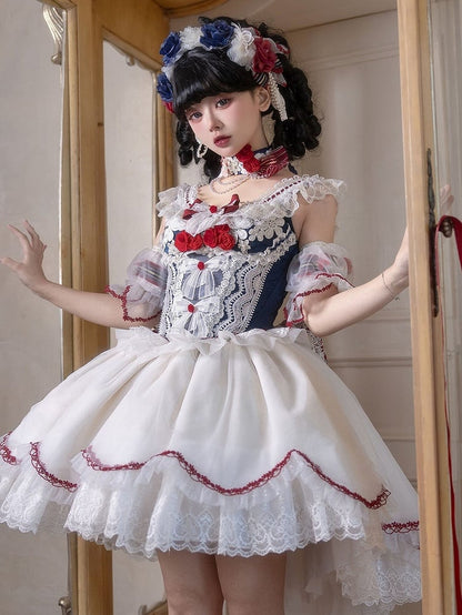 Vibes Sleeves and Bow White Detachable Snow Sweet Lace Decorated Blue Skirt Top Lolita + Full Set Choker KC Corset