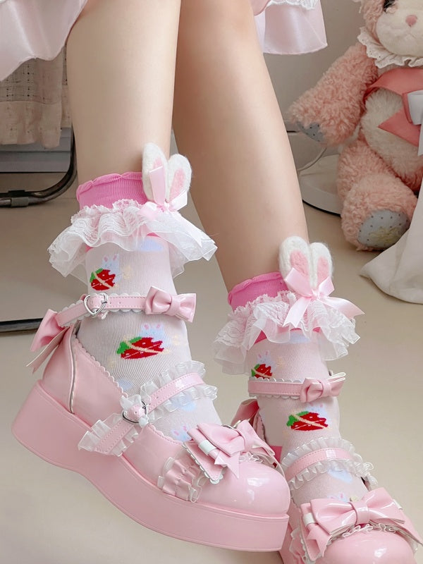 Pink Sweet Lolita Strawberry Print Bunny Ears Lace Trim Socks