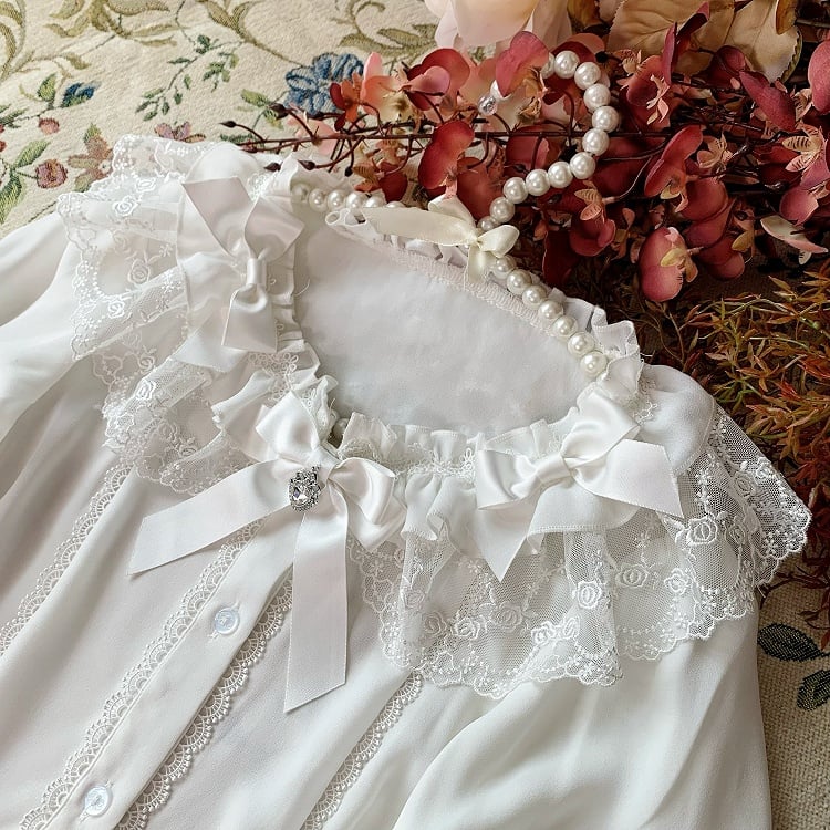 Rüschenglocke Weiß Verzierter Ausschnitt Ärmel Bowknots Bluse