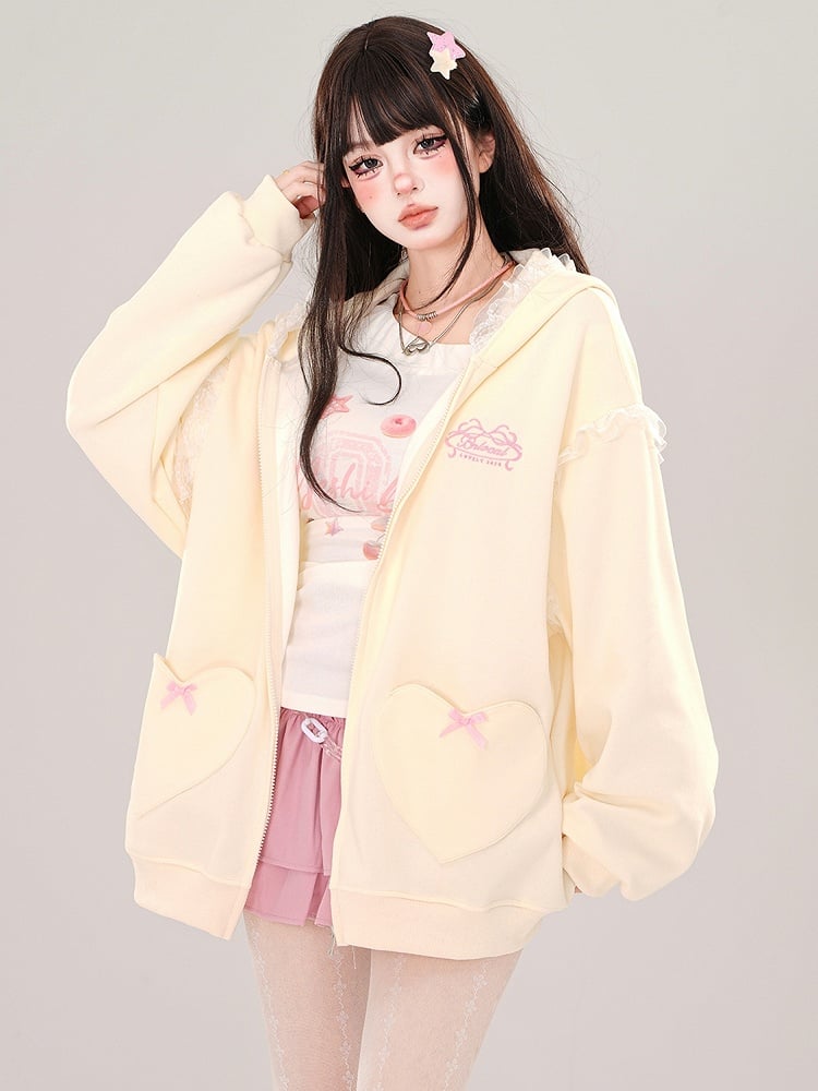 Blau/Apricot – Kapuzenjacke mit Spitzenbesatz und Hasenohren