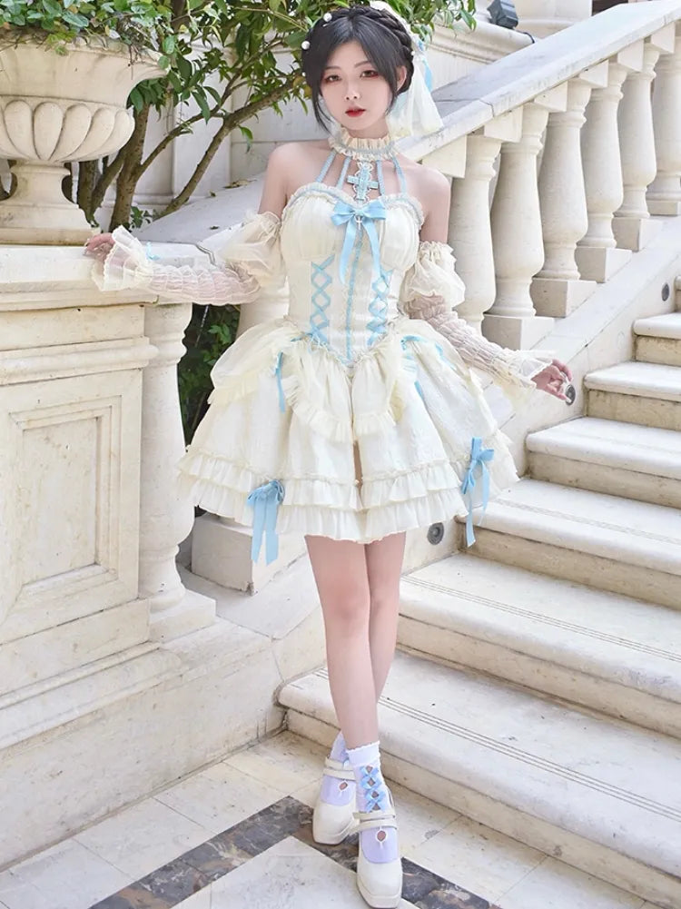 Cross Belle Beige und Blau Neckholder Korsettkleid Balletcore Lolita JSK