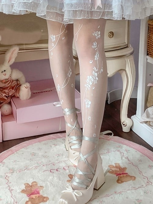 Print Sakura White Tights Sweet Lolita