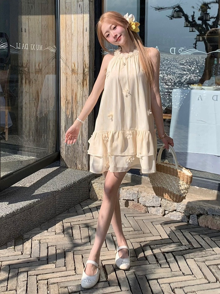 Milk Yellow Halter Dress with Floral Accents - Qchiwawameme