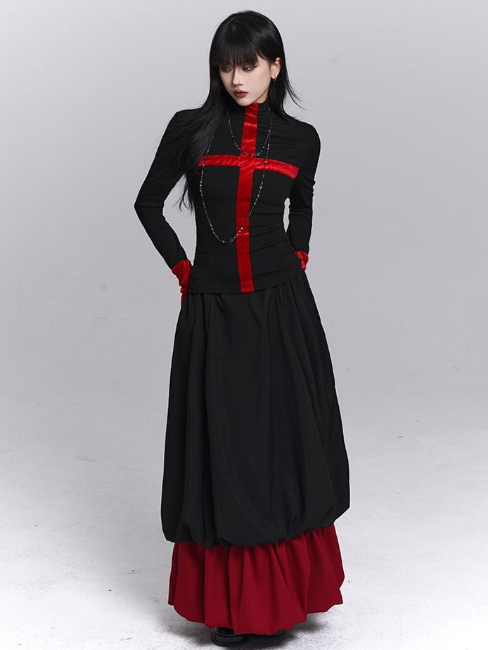 Neck Long Gothic Design Mock Cross with Sleeves Top Cuffs Black Thumbhole Red