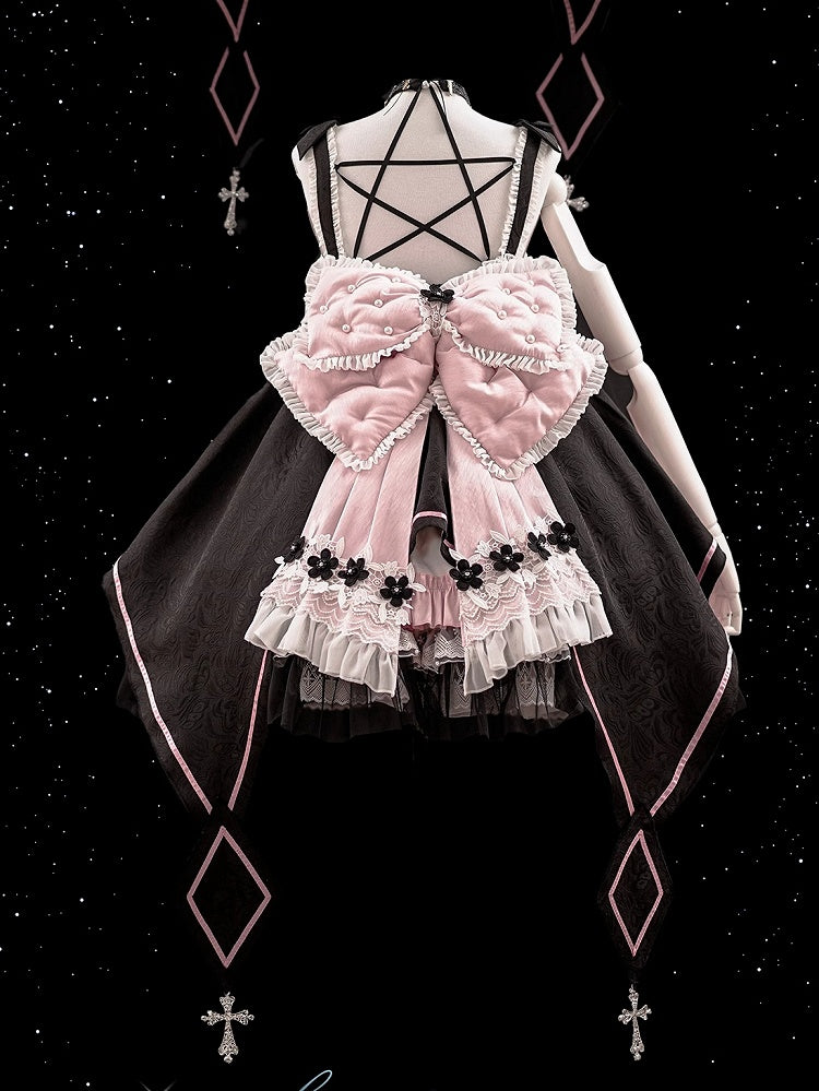 Schwarz-Rosa Süßes Hexenkleid mit hoher Taille, Lolita-Pulloverrock, komplettes Set