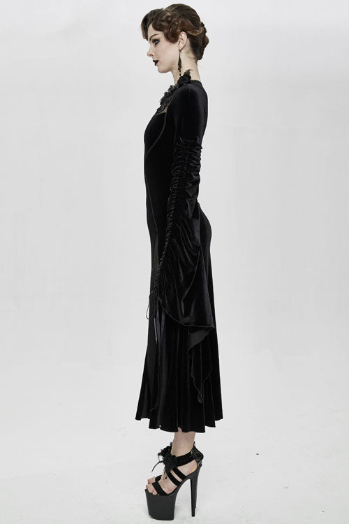 Black Velvet Fitted Dress with Flocking Flared Sleeves
