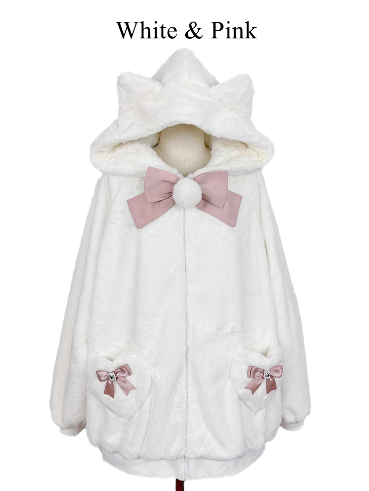 12 Kitty-Ear Jacket Bows Detachable Hooded with Pompom Jirai Available Colors Plush Kei