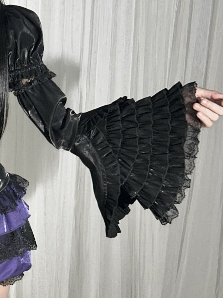 Trimmed Cuff Black with Sleeves Detachable Six-Layer Tiered Ruffles Lace Elastic Bell