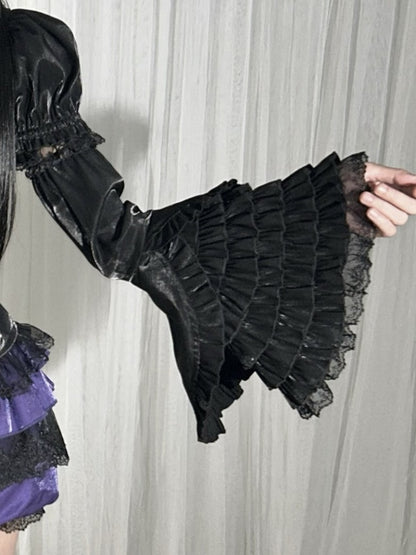 Trimmed Cuff Black with Sleeves Detachable Six-Layer Tiered Ruffles Lace Elastic Bell