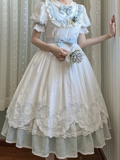 Blue & White Lace Petal Hem OP Dress with Belt and Bow Set - Rosa multiflora