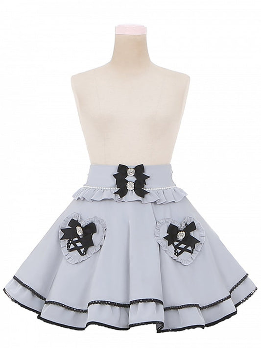 Pockets Light Jirai Skirt with Blue Kei High-Waisted Heart-Shaped Tiered