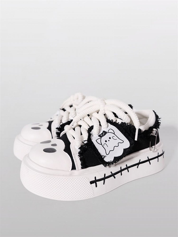 Sneakers Cute Black Ghost Platform Canvas and White