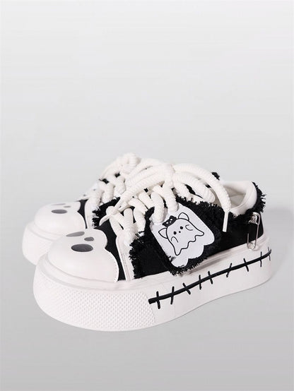 Sneakers Cute Black Ghost Platform Canvas and White