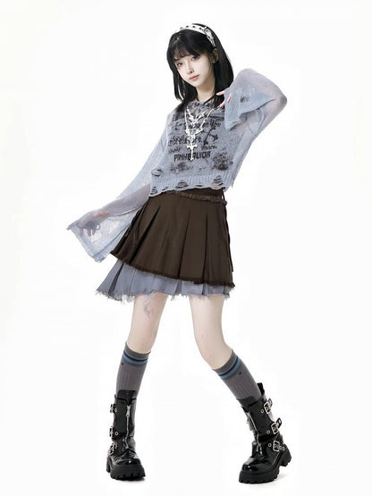 Rock mit ausgefranstem Saum, gestuft, grau, asymmetrisches Design und Colorblock, braun