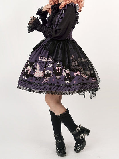 Lolita and Straps Ruffle Waist High Print Kitty Purple Cake Detachable Skirt with