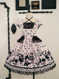 Lolita Black Dress Dot with Sweet Cat Polka Pink Accents Print Bow