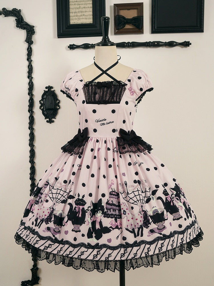 Lolita Black Dress Dot with Sweet Cat Polka Pink Accents Print Bow