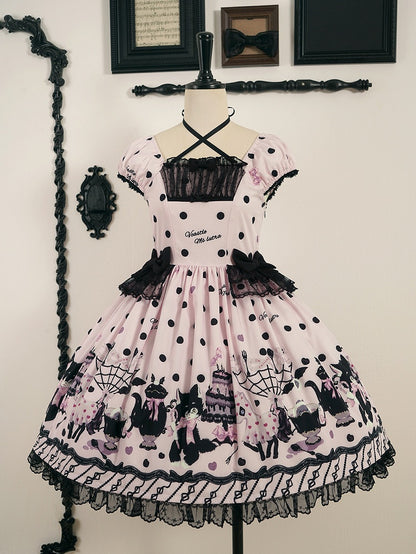 Lolita Black Dress Dot with Sweet Cat Polka Pink Accents Print Bow
