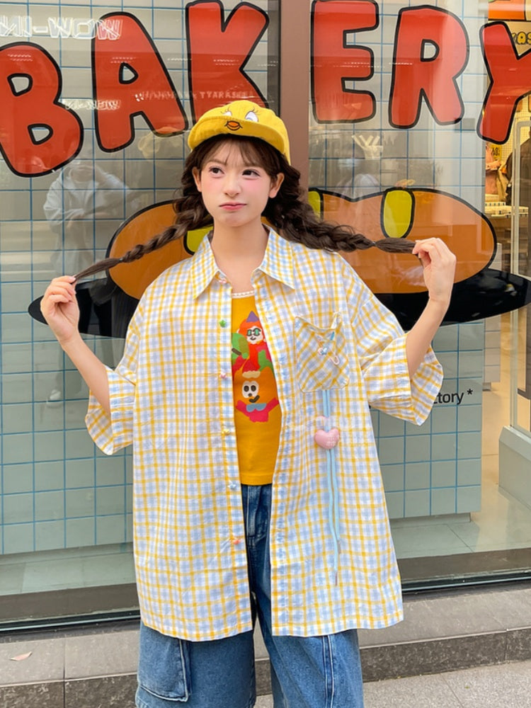 Placket Heart Short Star Button Sleeves Shirt Plaid  Drawstring Green/Yellow