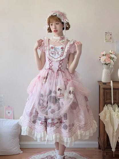 Taille gewellt rosa Trim Bunny Edge Prinzessin Kleid Rock Lolita Print Rüschen Baskisch