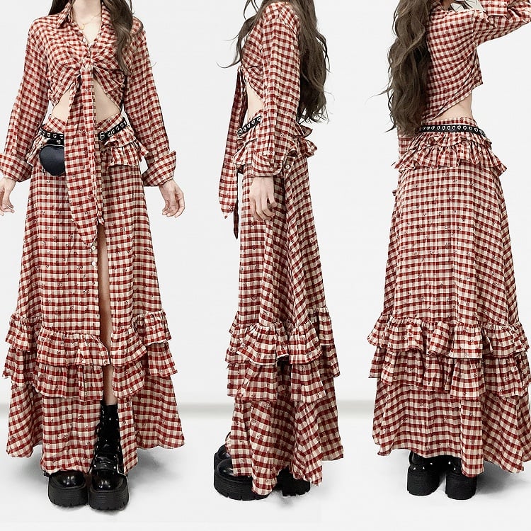 Pattern Twist Thigh-high High-low Shirt Floral Slit + Skirt Details Red Print Plaid