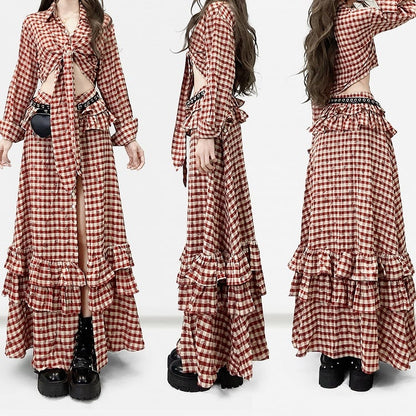Pattern Twist Thigh-high High-low Shirt Floral Slit + Skirt Details Red Print Plaid